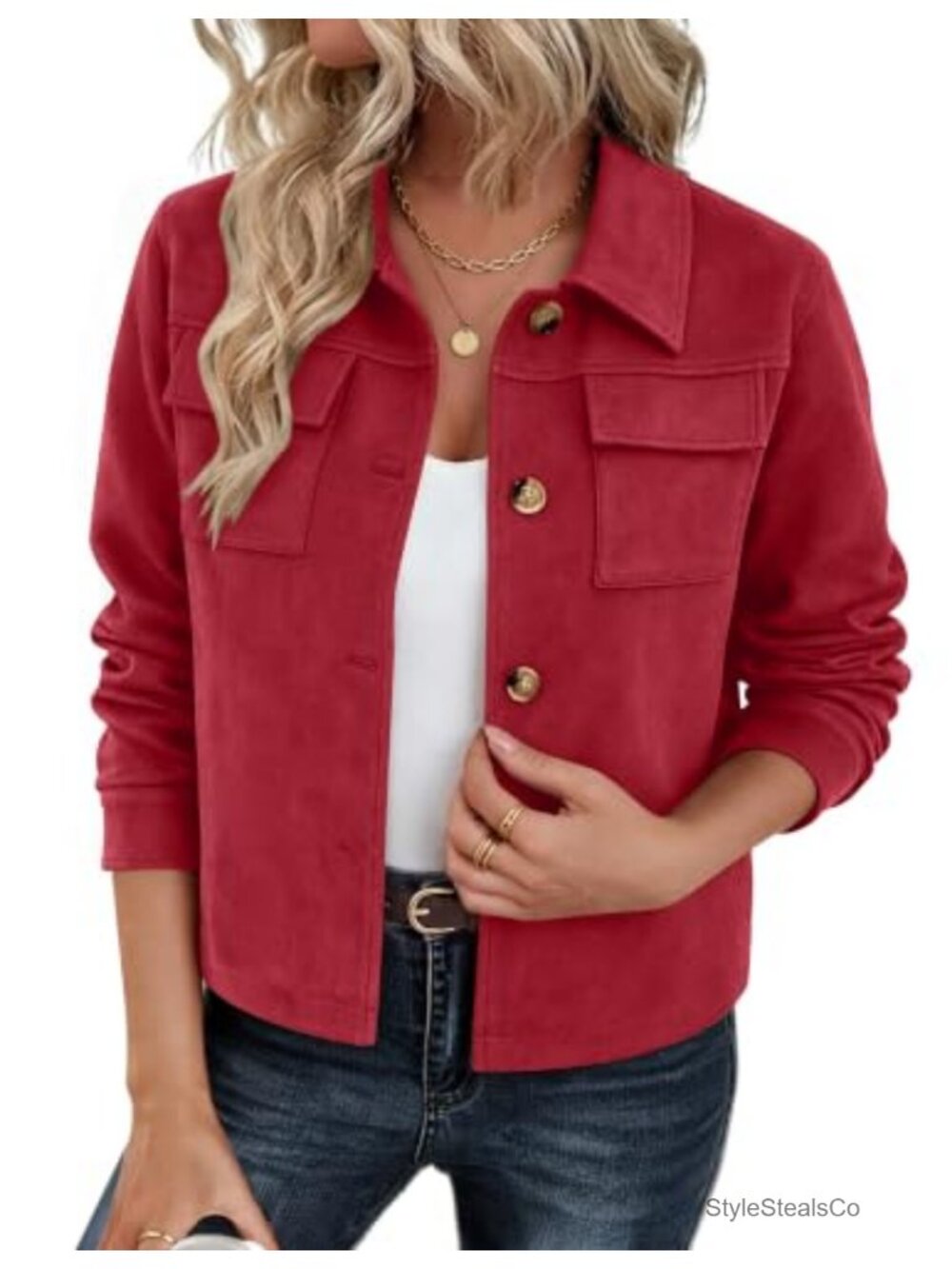 Faux Suede Cropped Shacket Button Up Long Sleeve Jacket